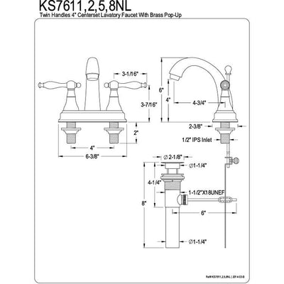 Kingston Polished Brass 2 Handle 4" Centerset Bathroom Faucet w Pop-up KS7612NL