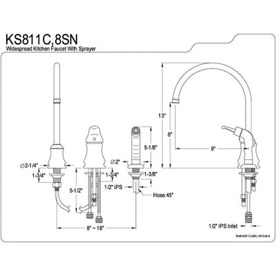 Kingston Chrome Single Loop Handle Widespread Kitchen Faucet w Sprayer KS811C