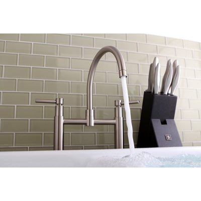 Satin Nickel Two Handle 8" Goose Neck Deck Mount Kitchen Faucet KS8178DLLS