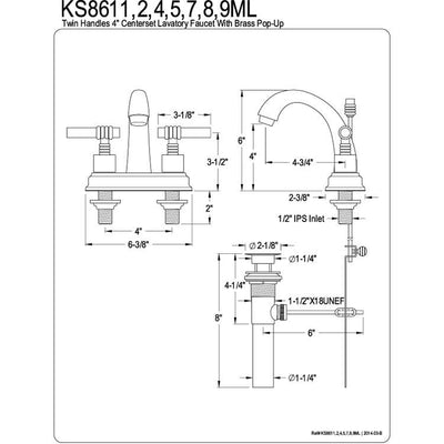 Kingston Satin Nickel 2 Handle 4" Centerset Bathroom Faucet w Pop-up KS8618ML