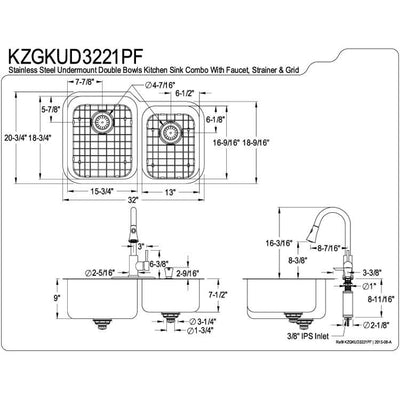 Stainless Steel Undermount Double Bowl Kitchen Sink, Faucet, Accessory Combo KZGKUD3221PF