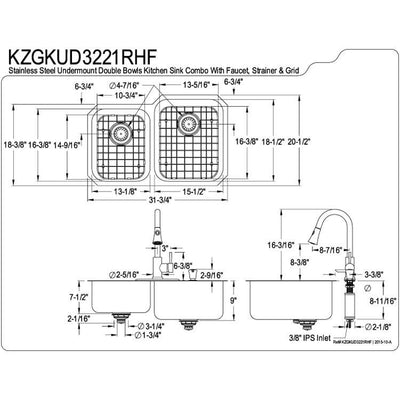 Stainless Steel Undermount Double Bowl Kitchen Sink, Faucet & Accessory Combo KZGKUD3221RHF