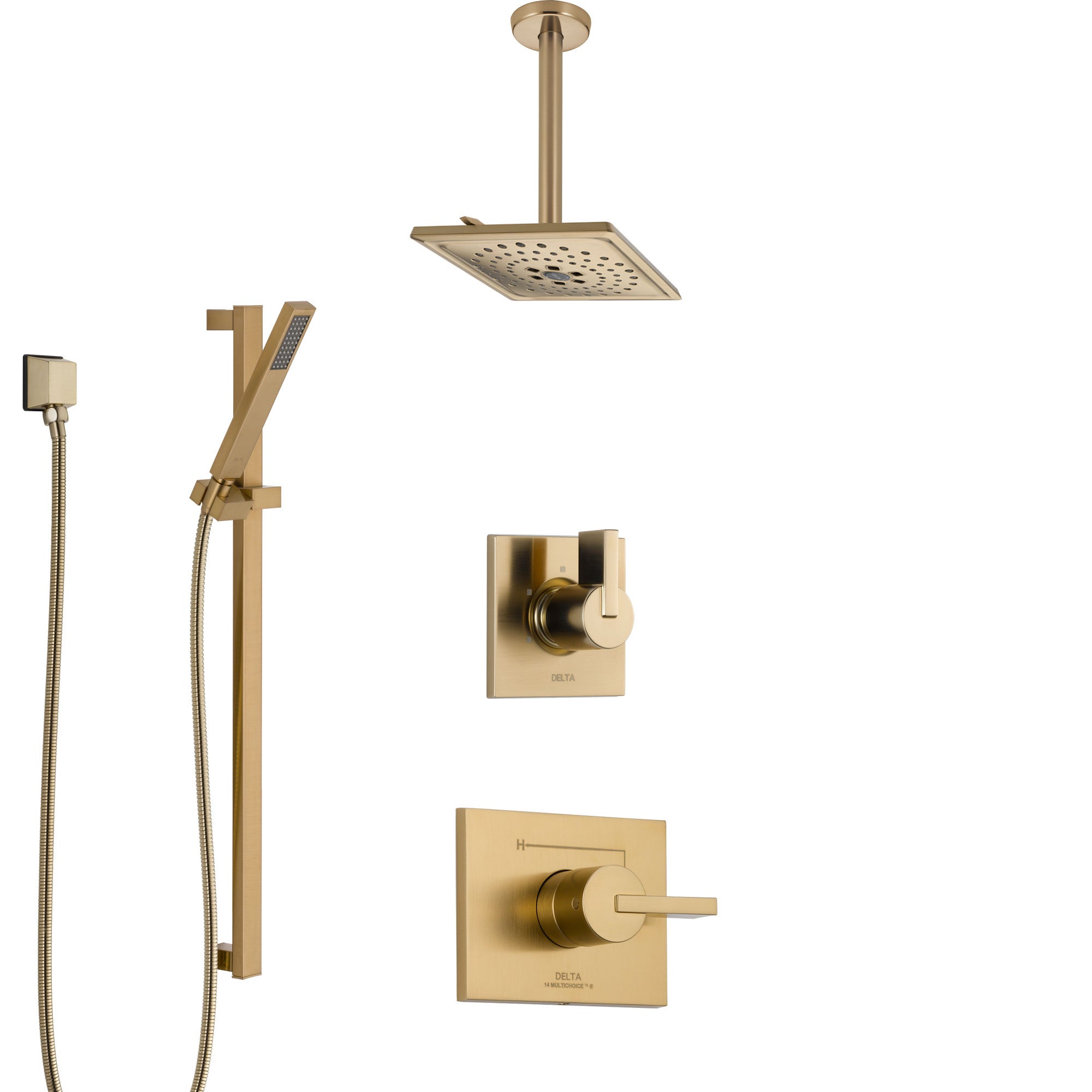 Delta Vero Champagne Bronze Shower System with Control Handle, 3-Setting Diverter, Ceiling Mount Showerhead, and Hand Shower with Slidebar SS1453CZ1