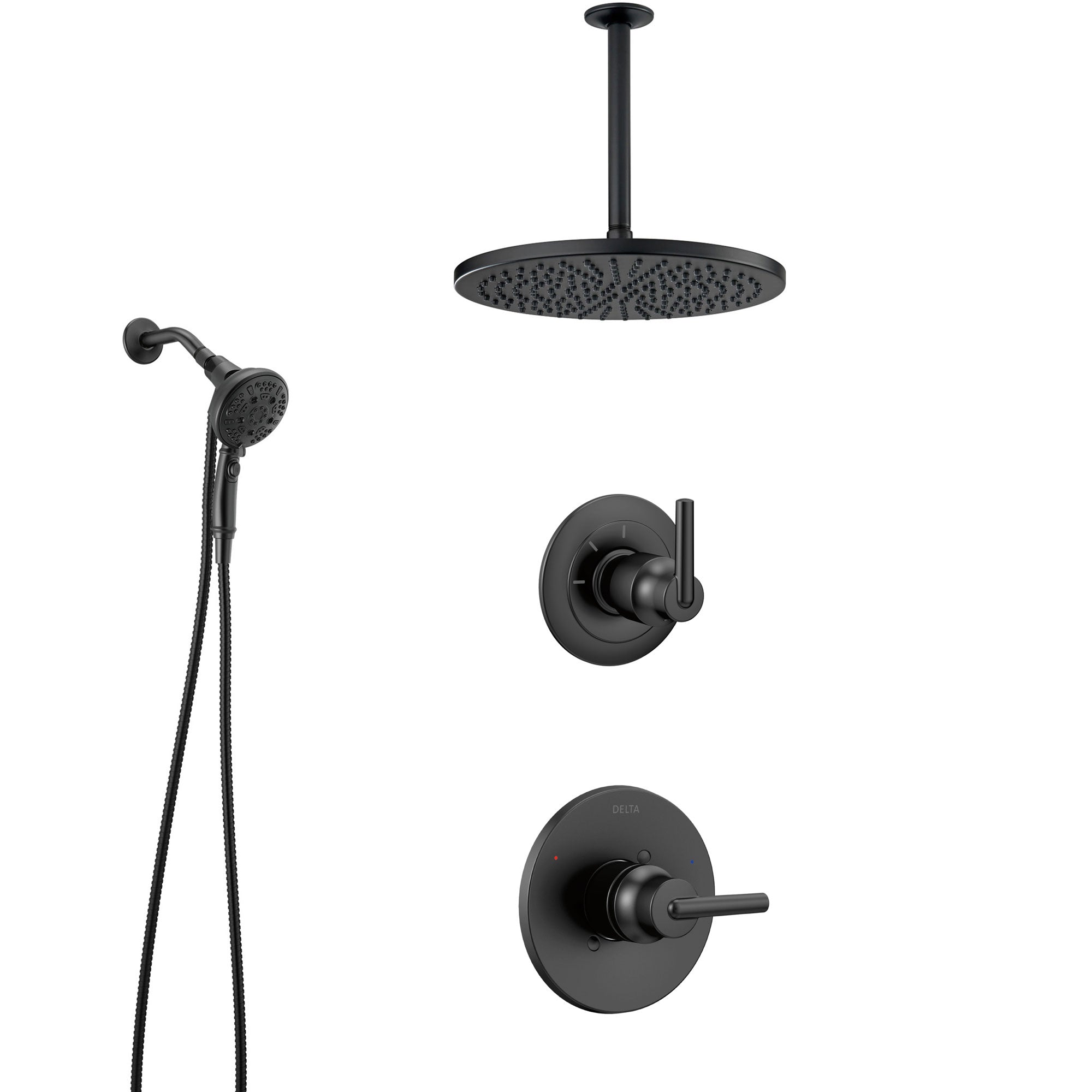 Delta Trinsic Matte Black Finish Modern Shower System and Diverter with Large Round Rain Ceiling Showerhead and SureDock Hand Shower Spray SS1459BL8
