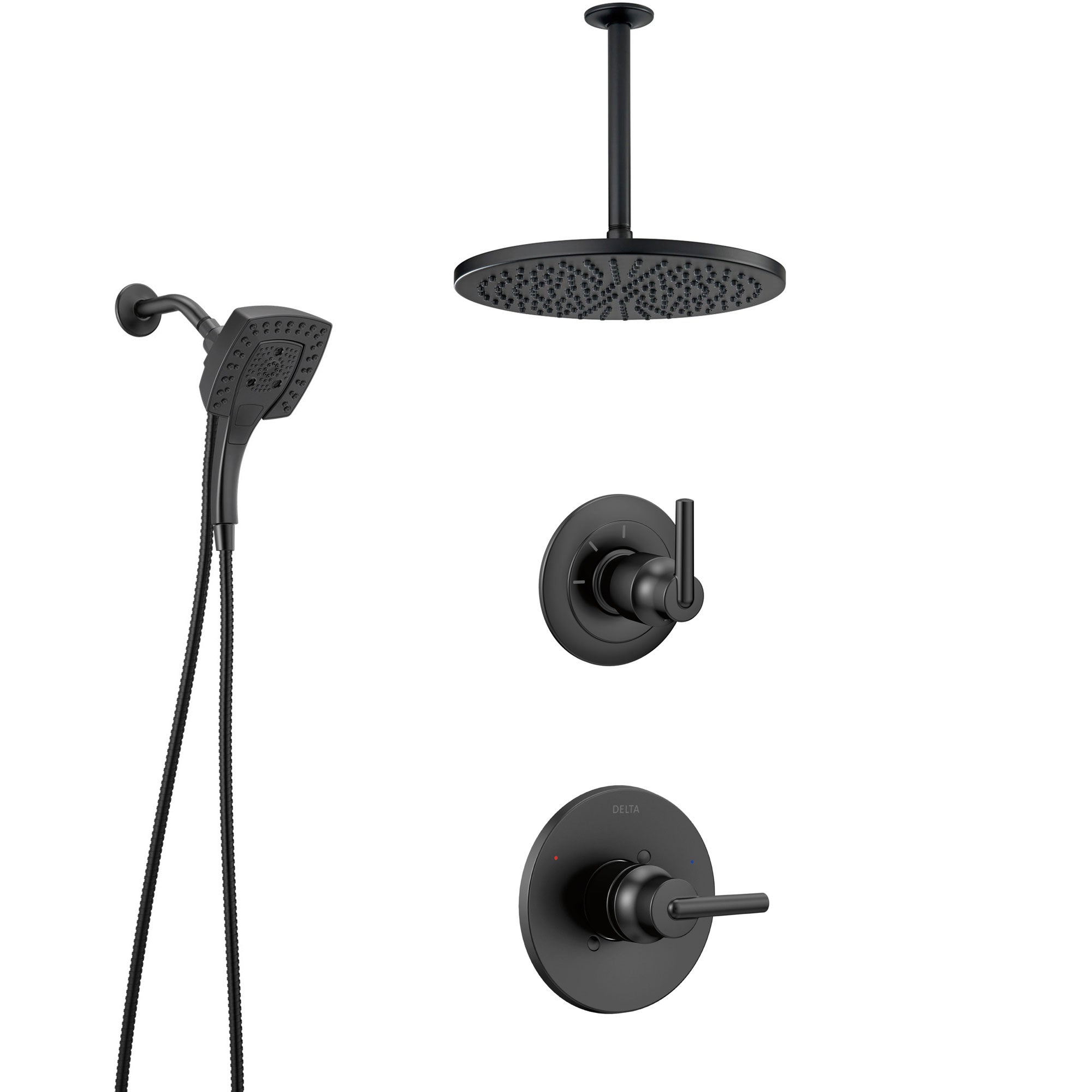 Delta Trinsic Matte Black Finish Modern Shower System and Diverter with Large Round Rain Ceiling Showerhead and In2ition Hand Shower Spray SS1459BL9