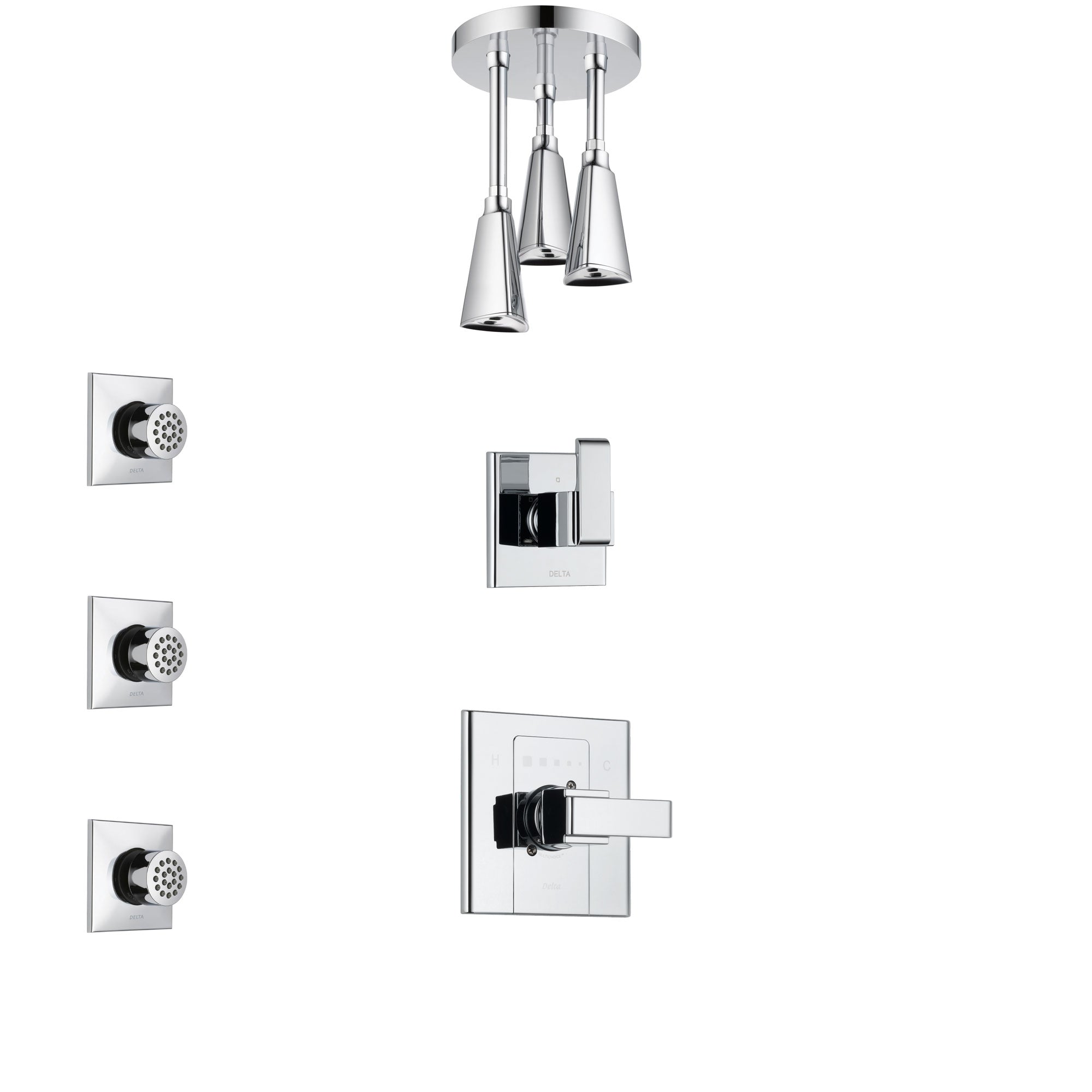 Delta Arzo Chrome Finish Shower System with Control Handle, 3-Setting Diverter, Ceiling Mount Showerhead, and 3 Body Sprays SS14863