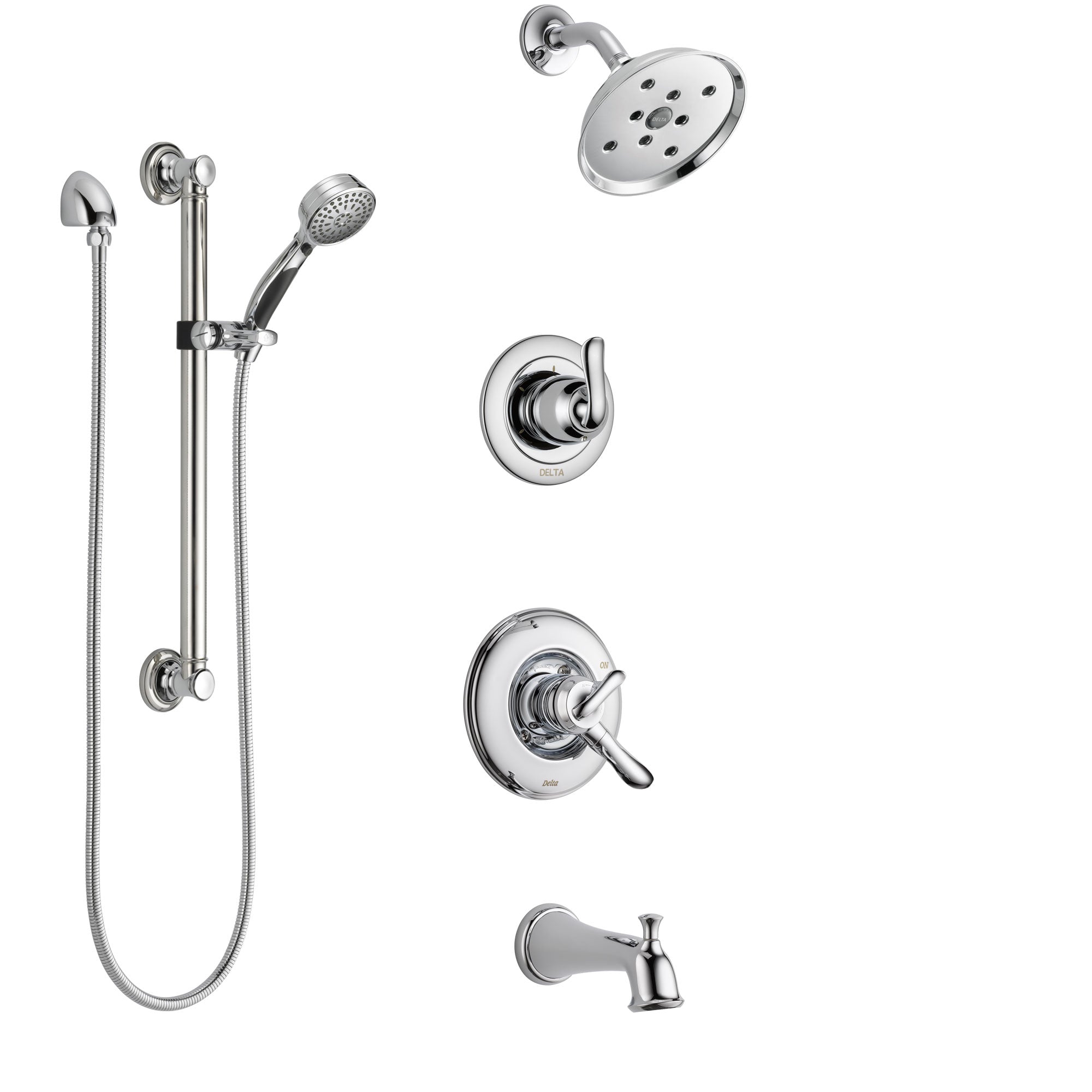 Delta Linden Chrome Finish Tub and Shower System with Dual Control Handle, 3-Setting Diverter, Showerhead, and Hand Shower with Grab Bar SS174944