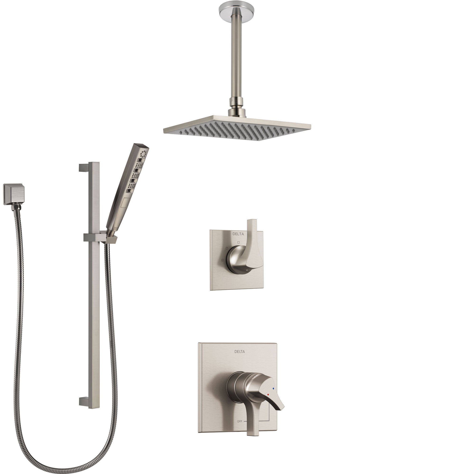 Delta Zura Stainless Steel Finish Shower System with Dual Control Handle, Diverter, Ceiling Mount Showerhead, and Hand Shower with Slidebar SS1774SS3