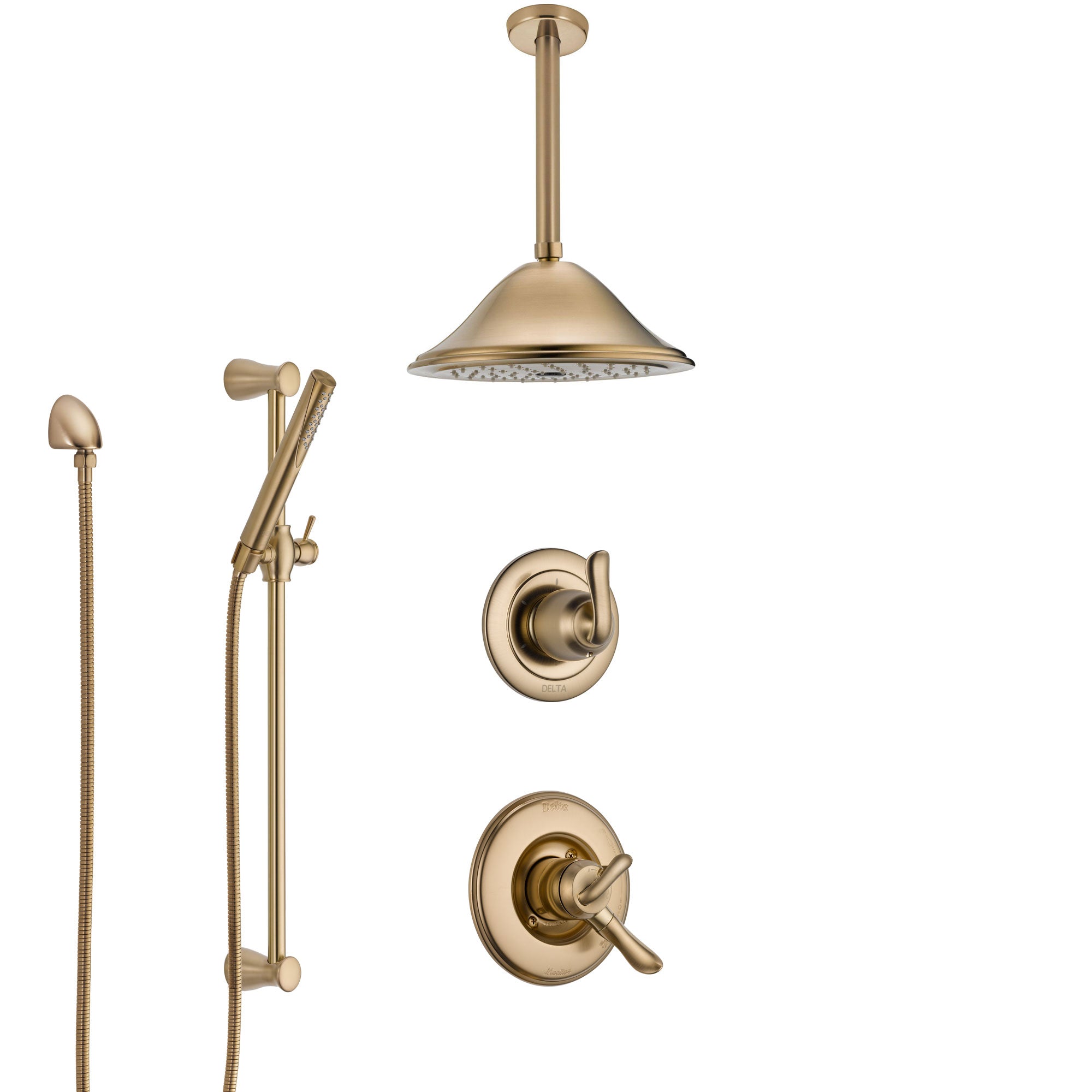 Delta Linden Champagne Bronze Shower System with Dual Control Handle, Diverter, Ceiling Mount Showerhead, and Hand Shower with Slidebar SS1794CZ6