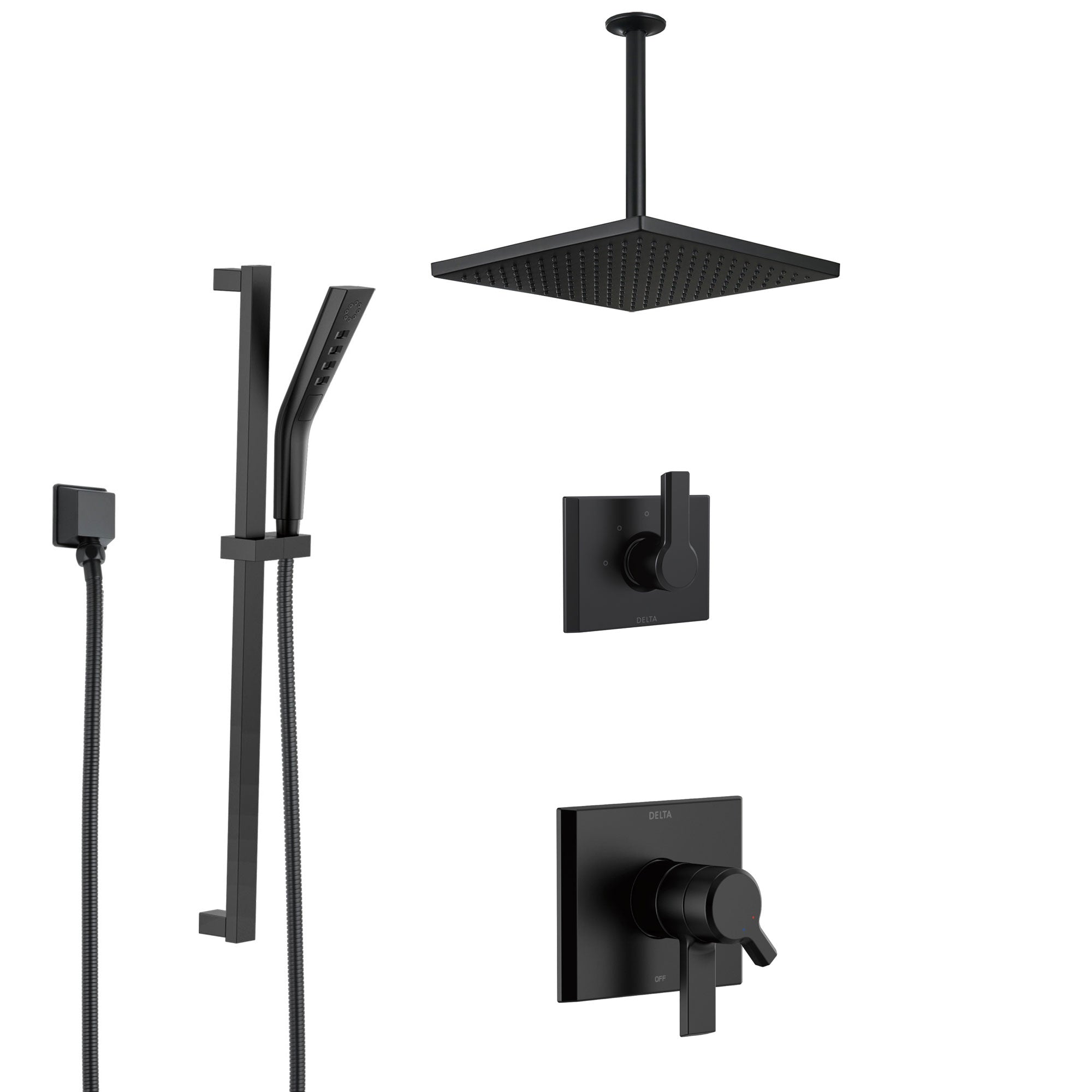 Delta Pivotal Matte Black Finish Square Dual Control Shower System with Large Ceiling Mount Rain Showerhead and Slidebar Mount Hand Sprayer SS17993BL2