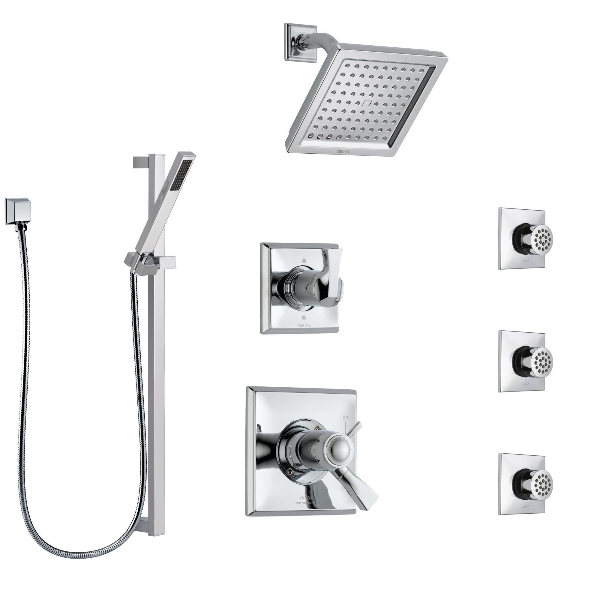 Delta Dryden Chrome Shower System with Dual Thermostatic Control Handle, 6-Setting Diverter, Showerhead, 3 Body Sprays, and Hand Shower SS17T25134