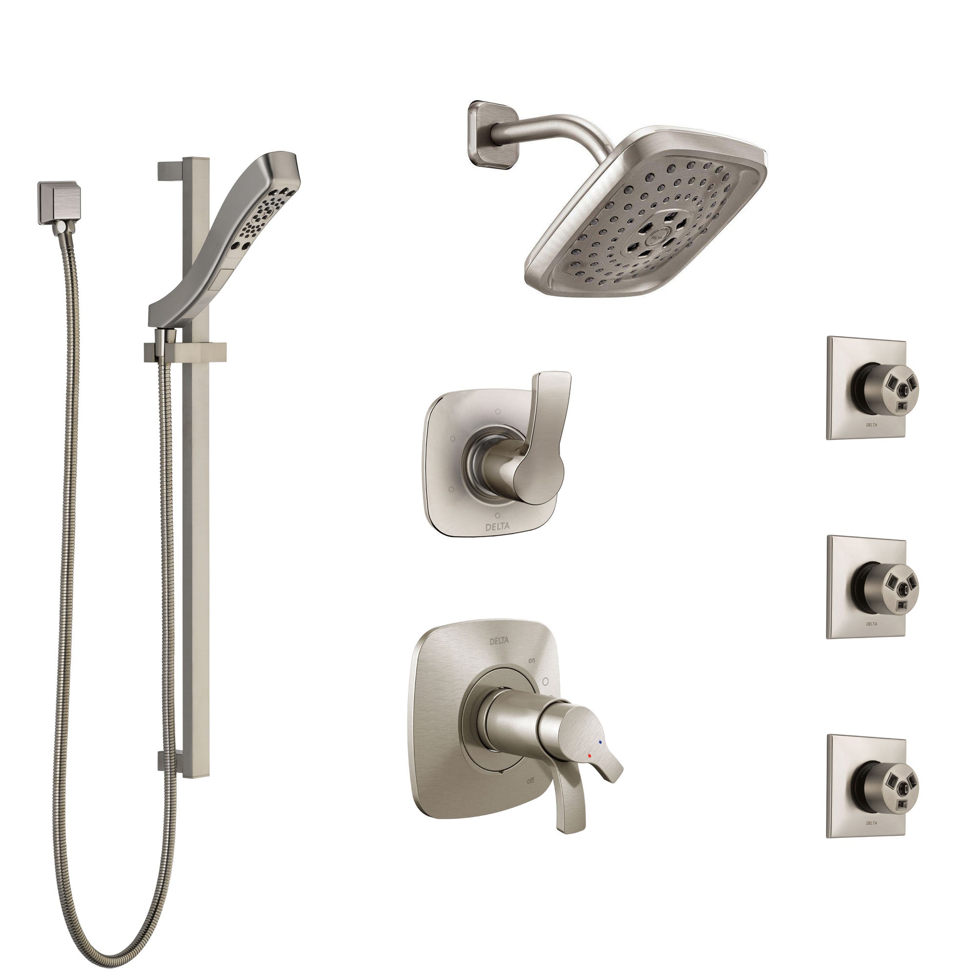 Delta Tesla Dual Thermostatic Control Stainless Steel Finish Shower System, Diverter, Showerhead, 3 Body Sprays, and Hand Shower SS17T2521SS4