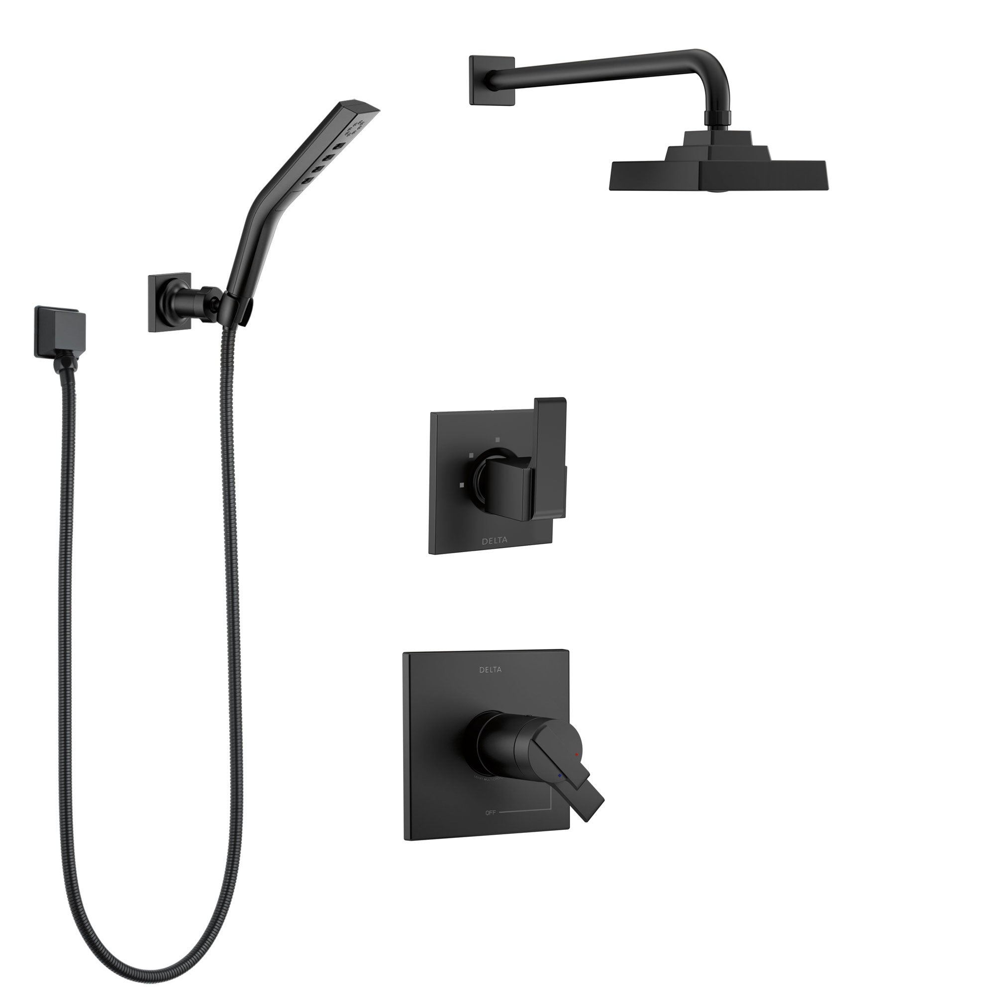 Delta Ara Matte Black Finish Thermostatic 17T Shower System with Diverter, Wall Mount Showerhead, and Hand Shower with Bracket SS17T2673BL3