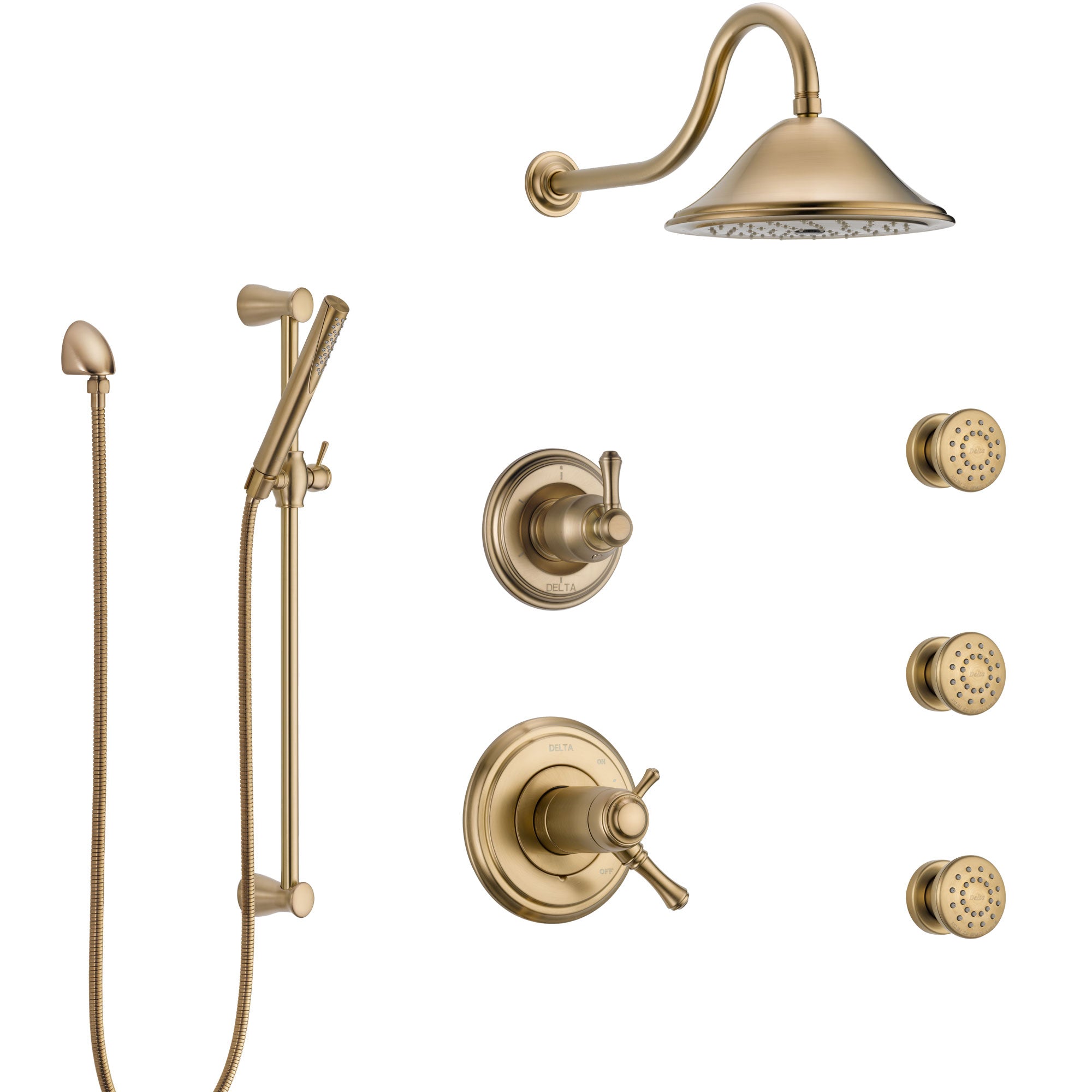 Delta Cassidy Champagne Bronze Shower System with Dual Thermostatic Control, Diverter, Showerhead, 3 Body Sprays, and Hand Shower SS17T2972CZ1