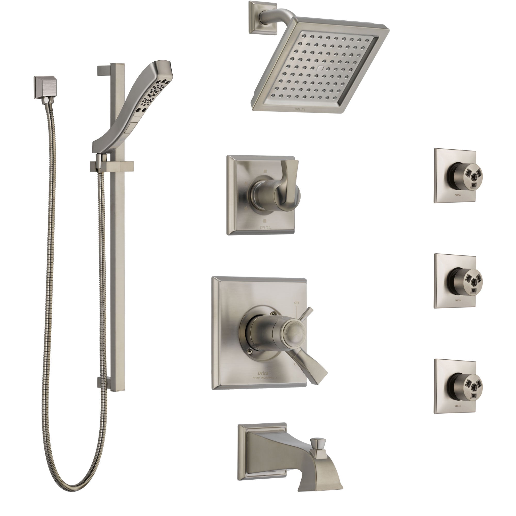Delta Dryden Stainless Steel Finish Dual Thermostatic Control Tub and Shower System, Diverter, Showerhead, 3 Body Sprays, and Hand Shower SS17T4512SS5