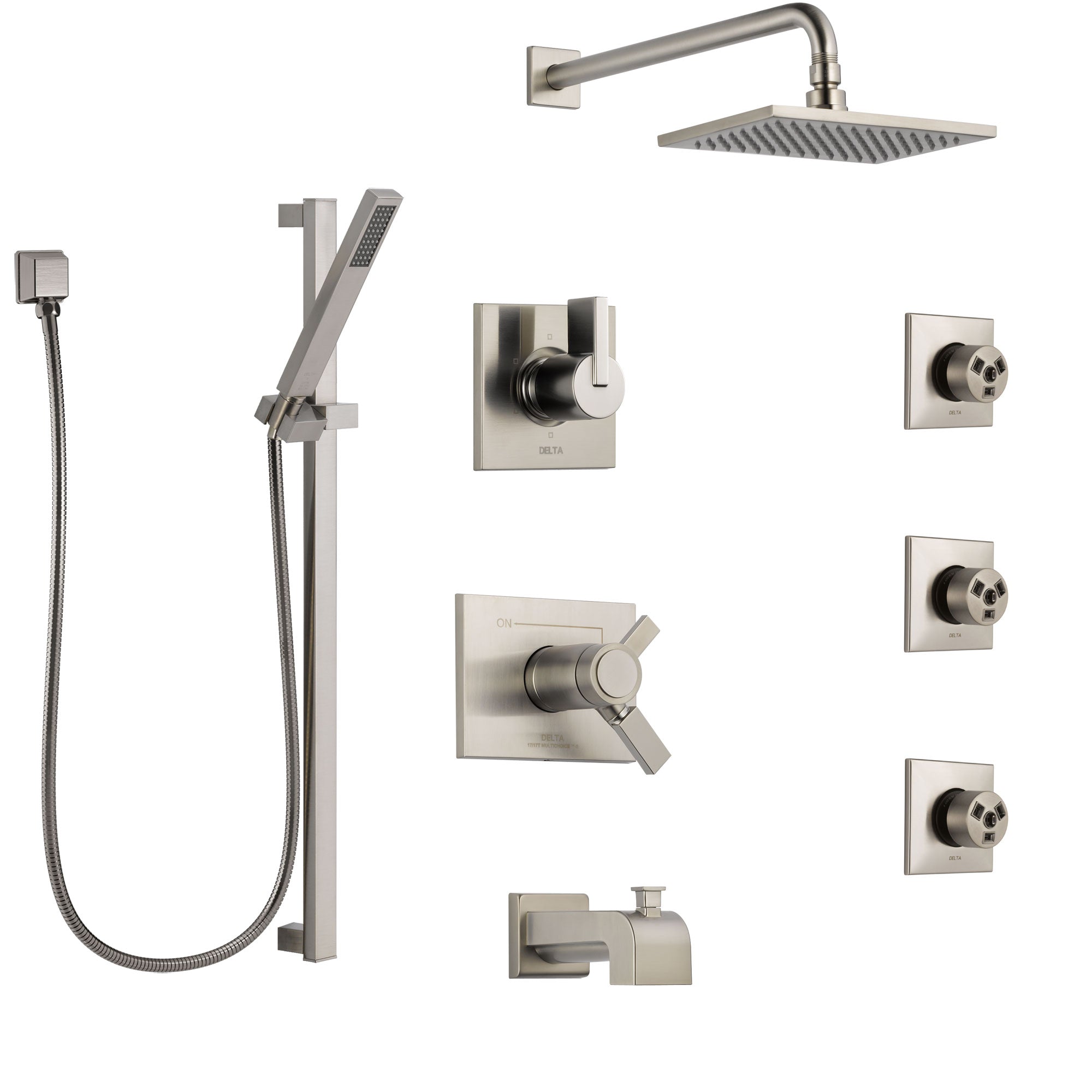 Delta Vero Stainless Steel Finish Dual Thermostatic Control Tub and Shower System, Diverter, Showerhead, 3 Body Sprays, and Hand Shower SS17T4532SS4