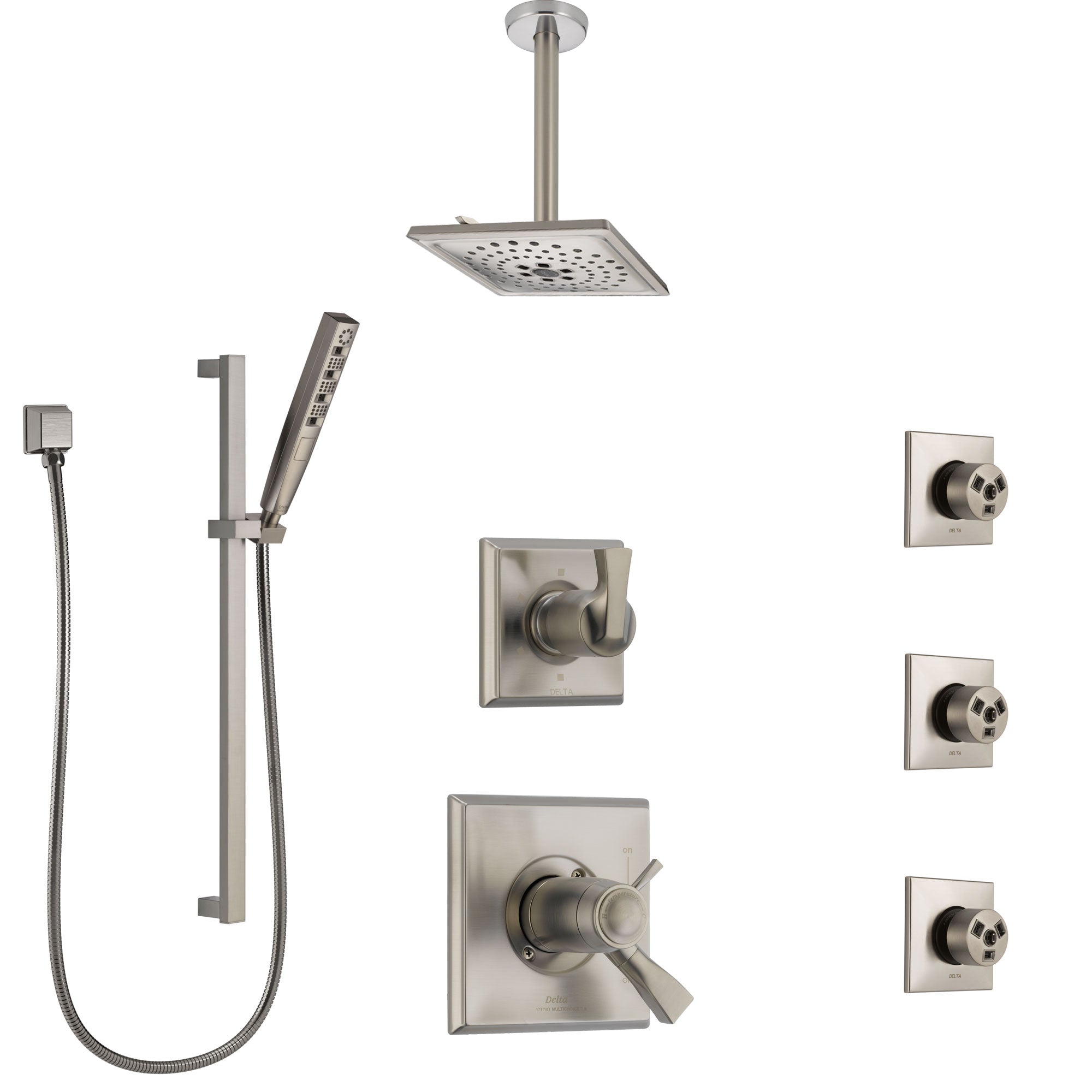 Delta Dryden Dual Thermostatic Control Stainless Steel Finish Shower System, Diverter, Ceiling Showerhead, 3 Body Sprays, and Hand Shower SS17T512SS8
