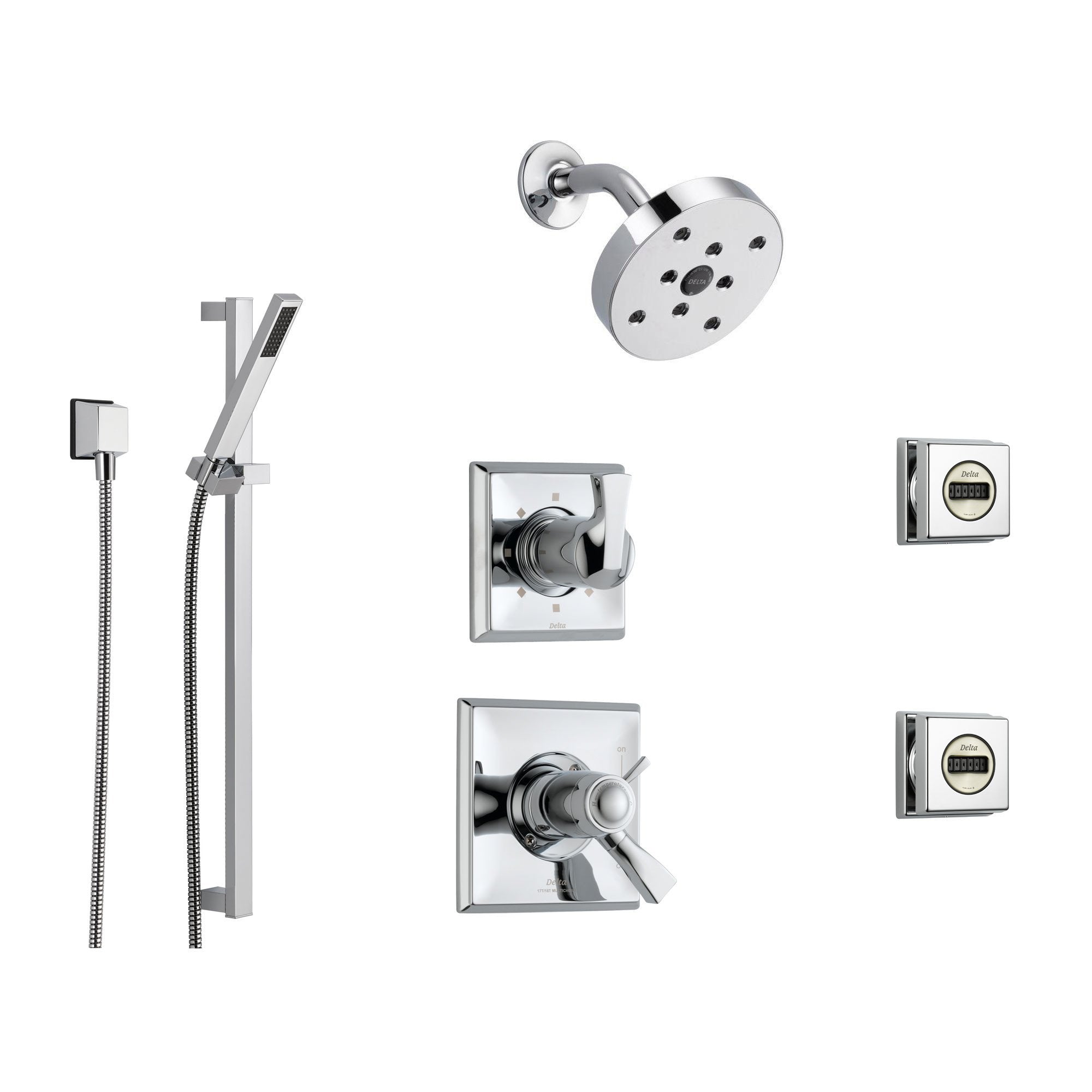 Delta Dryden Chrome Shower System with Thermostatic Shower Handle, 6-setting Diverter, Modern Round Showerhead, Handheld Shower, and 2 Body Sprays SS17T5192