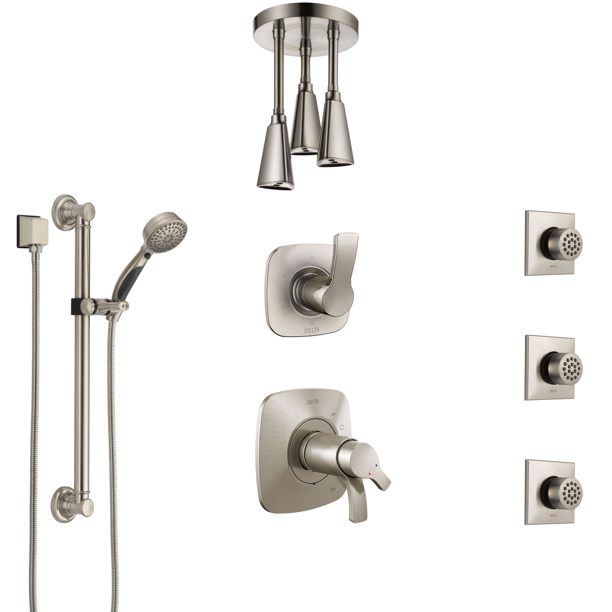 Delta Tesla Dual Thermostatic Control Stainless Steel Finish Shower System, Diverter, Ceiling Showerhead, 3 Body Jets, Grab Bar Hand Spray SS17T521SS2