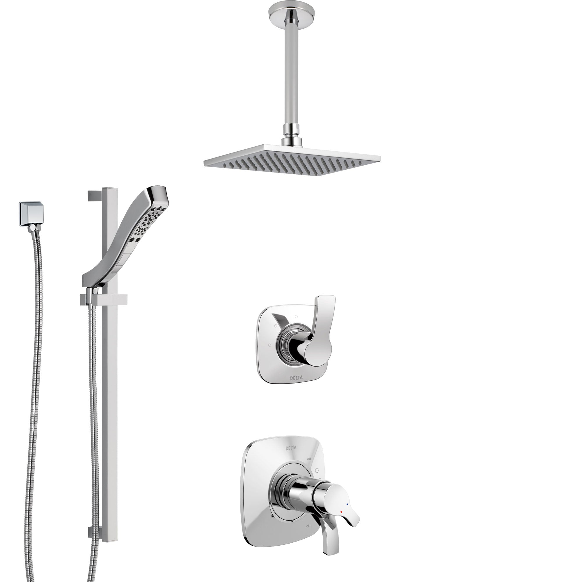Delta Tesla Chrome Finish Shower System with Dual Thermostatic Control Handle, Diverter, Ceiling Mount Showerhead, and Hand Shower SS17T5222