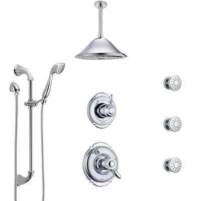 Delta Victorian Chrome Shower System with Dual Thermostatic Control, Diverter, Ceiling Mount Showerhead, 3 Body Sprays, and Hand Shower SS17T5528