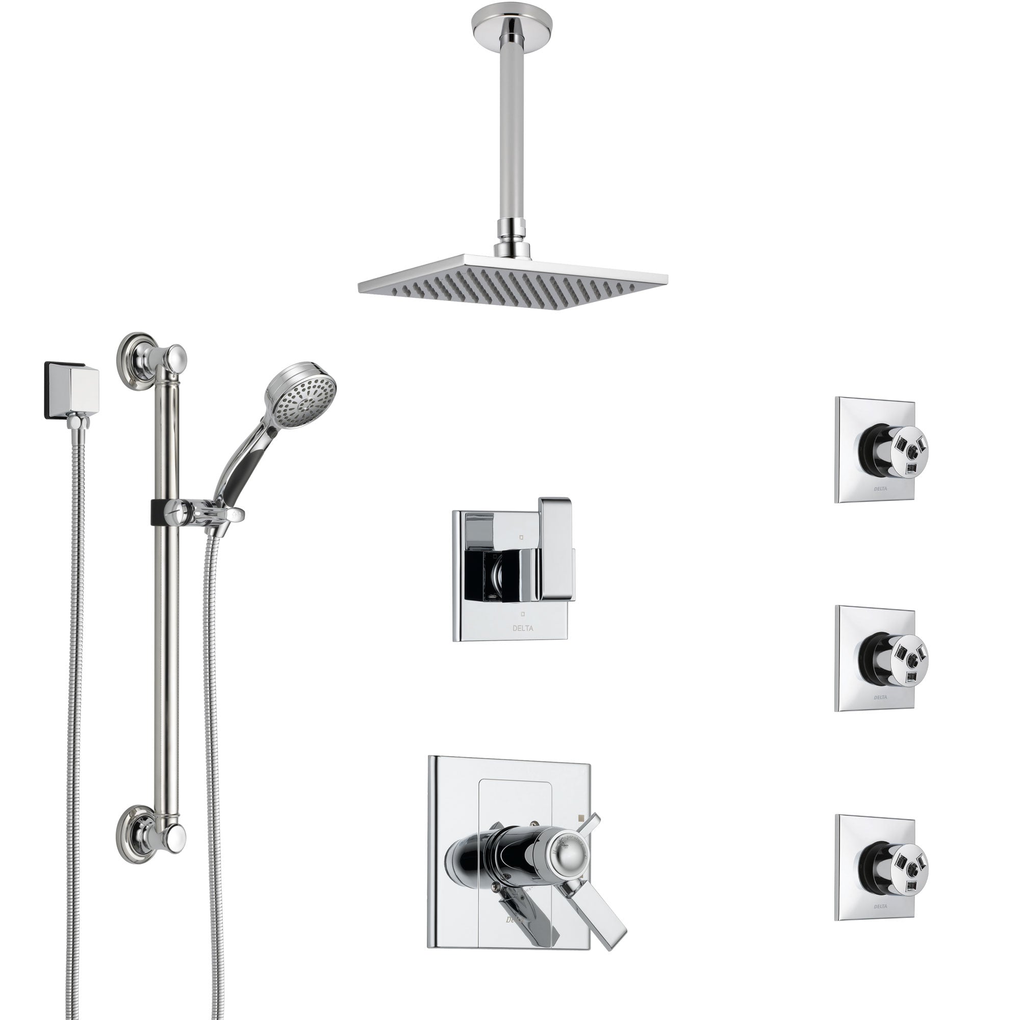 Delta Arzo Chrome Shower System with Dual Thermostatic Control, Diverter, Ceiling Mount Showerhead, 3 Body Sprays, and Grab Bar Hand Shower SS17T8622