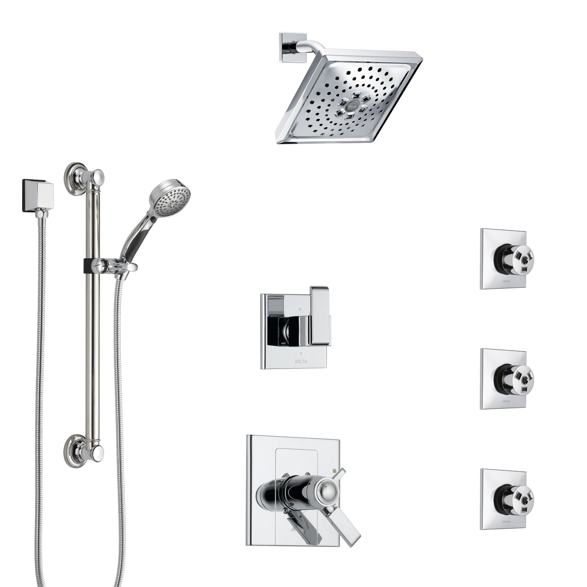 Delta Arzo Chrome Shower System with Dual Thermostatic Control, 6-Setting Diverter, Showerhead, 3 Body Sprays, and Hand Shower with Grab Bar SS17T8628