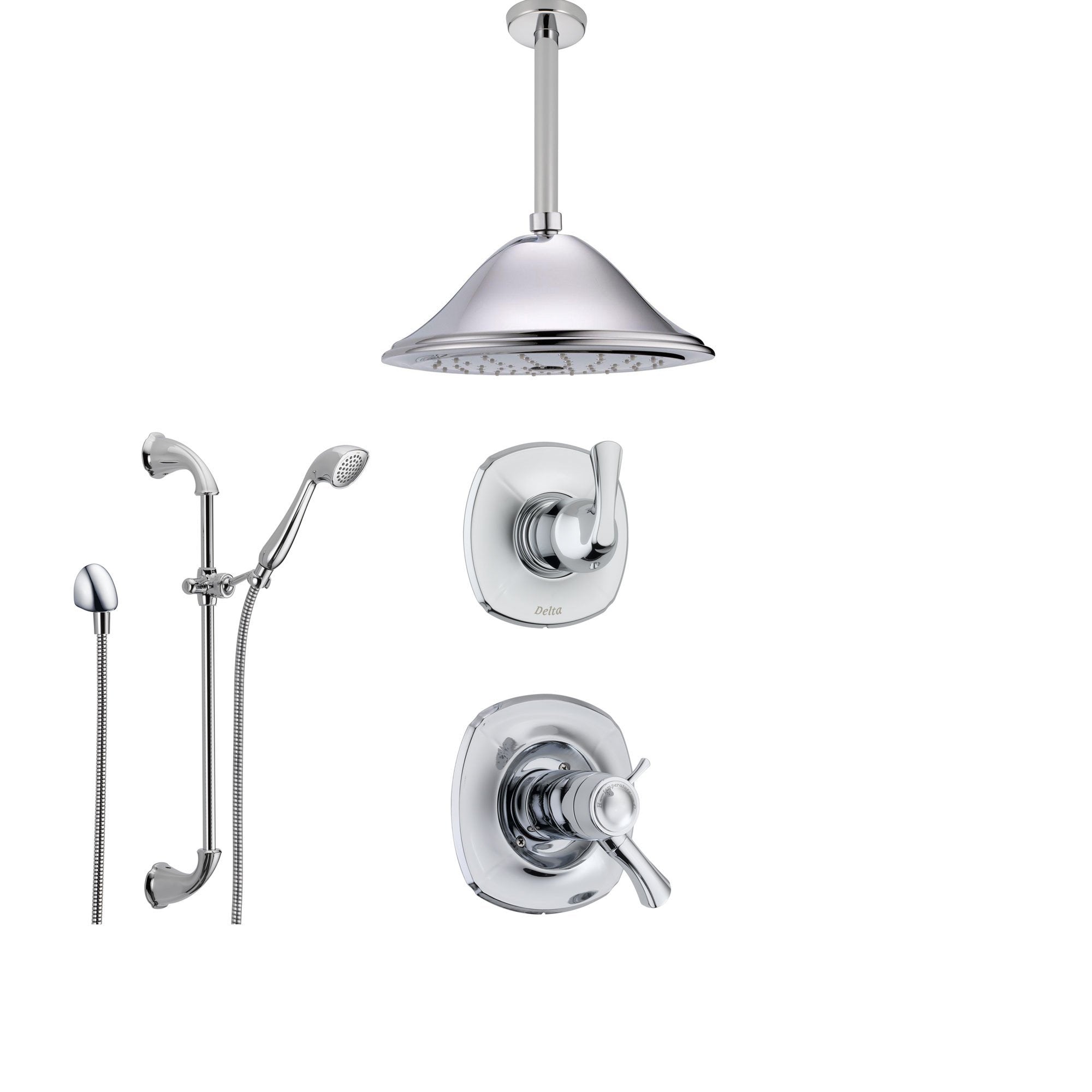 Delta Addison Chrome Shower System with Thermostatic Shower Handle, 3-setting Diverter, Large Ceiling Mount Rain Showerhead, and Handheld Shower SS17T9281