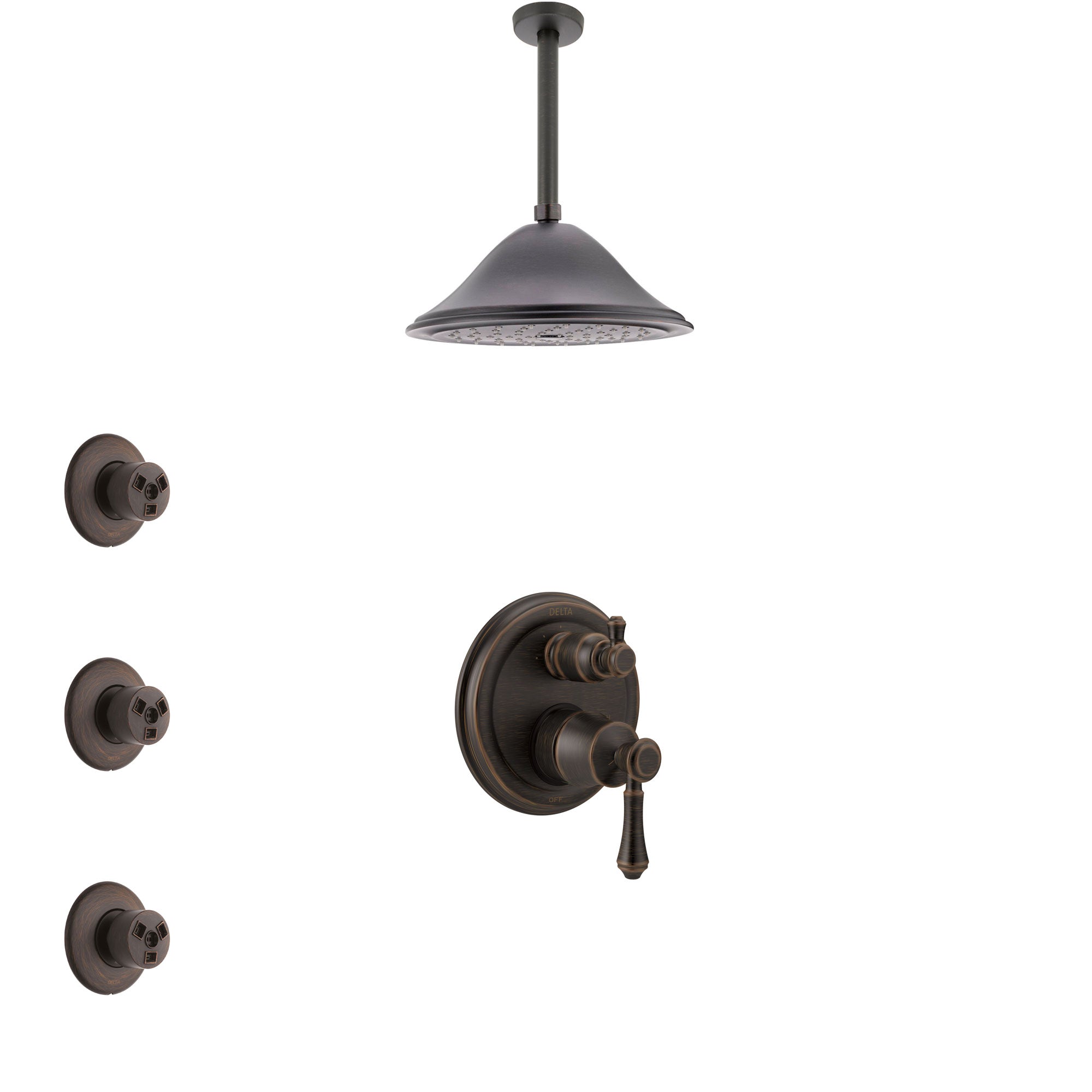 Delta Cassidy Venetian Bronze Shower System with Control Handle, Integrated 3-Setting Diverter, Ceiling Mount Showerhead, and 3 Body Sprays SS24897RB9