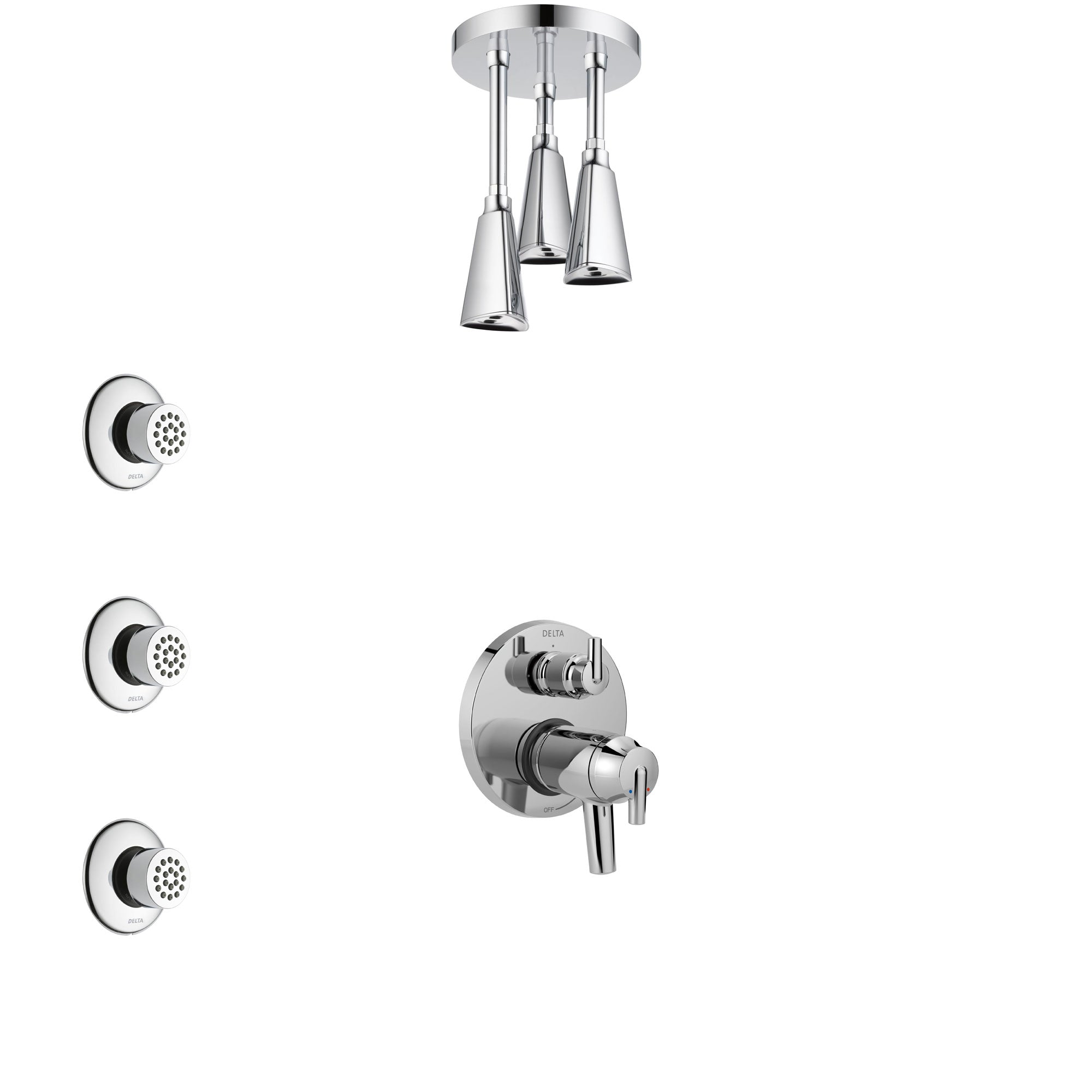 Delta Trinsic Chrome Shower System with Dual Thermostatic Control Handle, Integrated Diverter, Ceiling Mount Showerhead, and 3 Body Sprays SS27T8595