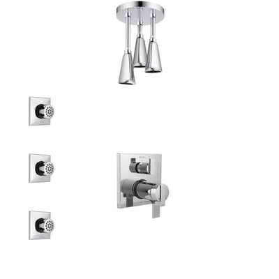 Delta Ara Chrome Shower System with Dual Thermostatic Control Handle, Integrated Diverter, Ceiling Mount Showerhead, and 3 Body Sprays SS27T8674