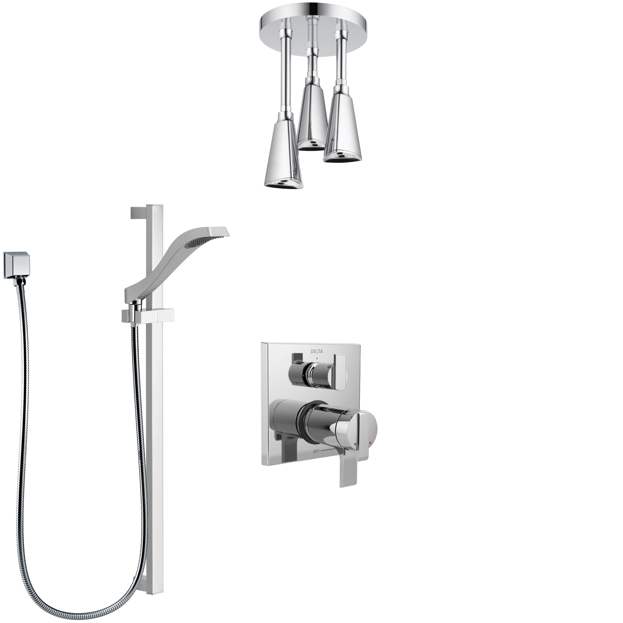 Delta Ara Chrome Finish Shower System with Dual Thermostatic Control Handle, Integrated Diverter, Ceiling Mount Showerhead, and Hand Shower SS27T8676