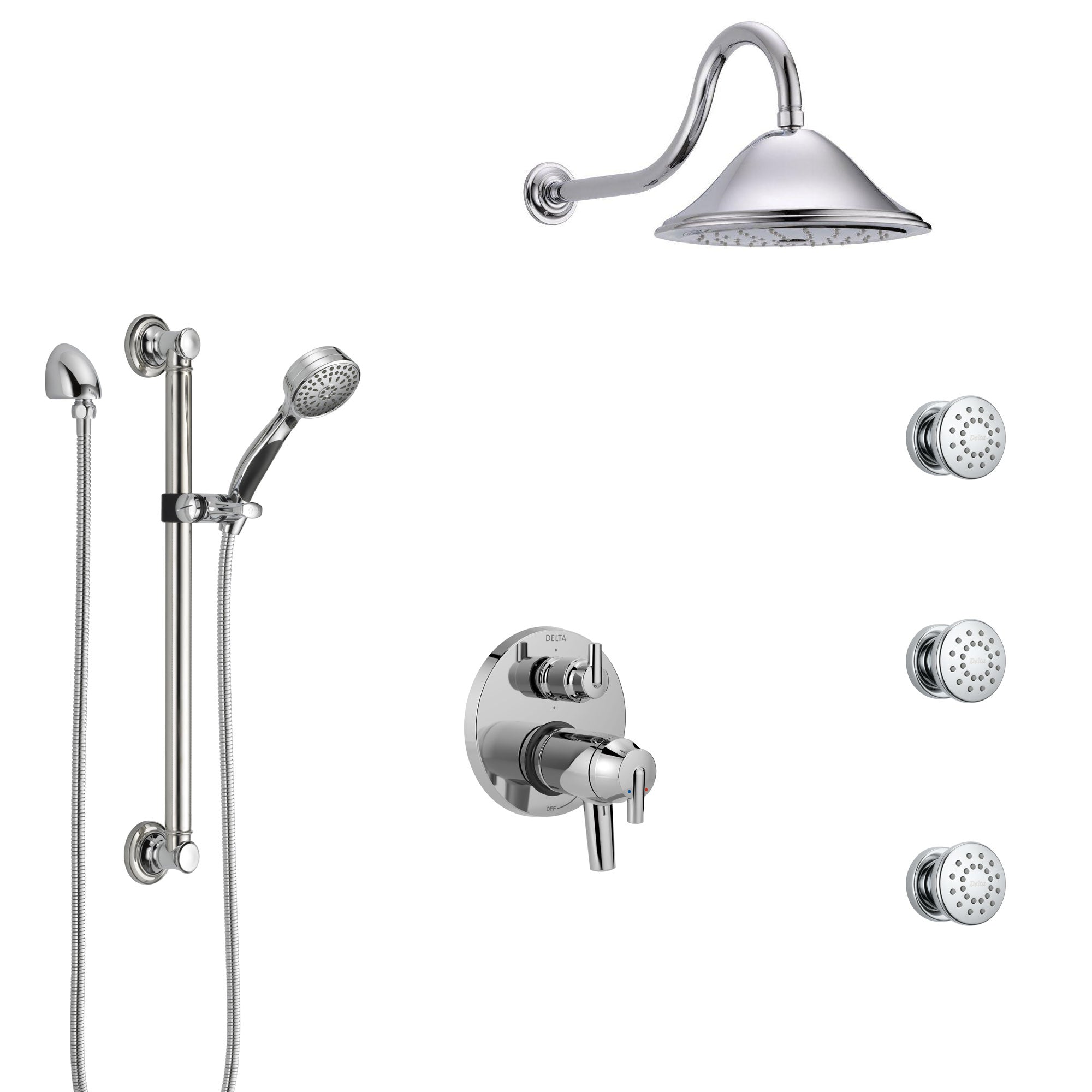Delta Trinsic Chrome Shower System with Dual Thermostatic Control, Integrated Diverter, Showerhead, 3 Body Sprays, and Grab Bar Hand Shower SS27T9591