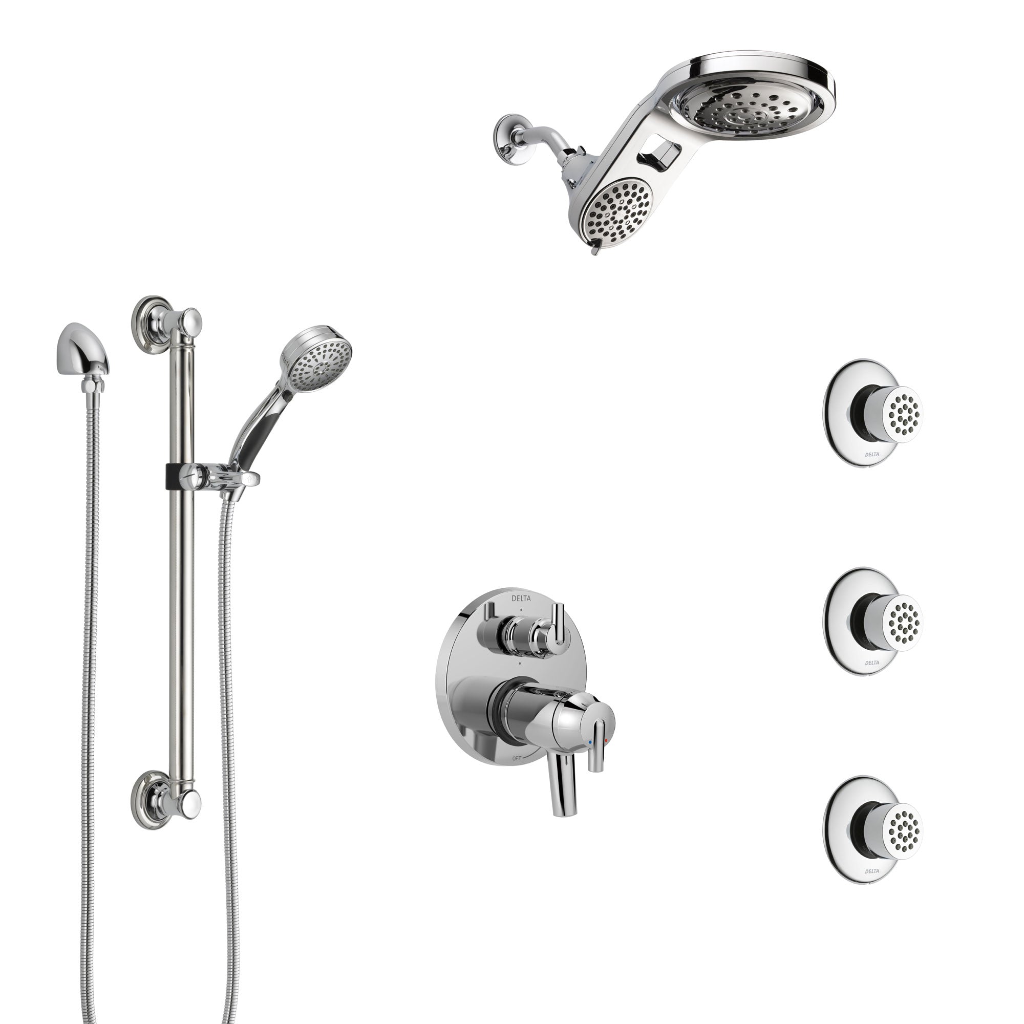 Delta Trinsic Chrome Dual Thermostatic Control Integrated Diverter Shower System, Dual Showerhead, 3 Body Sprays, and Grab Bar Hand Shower SS27T9599