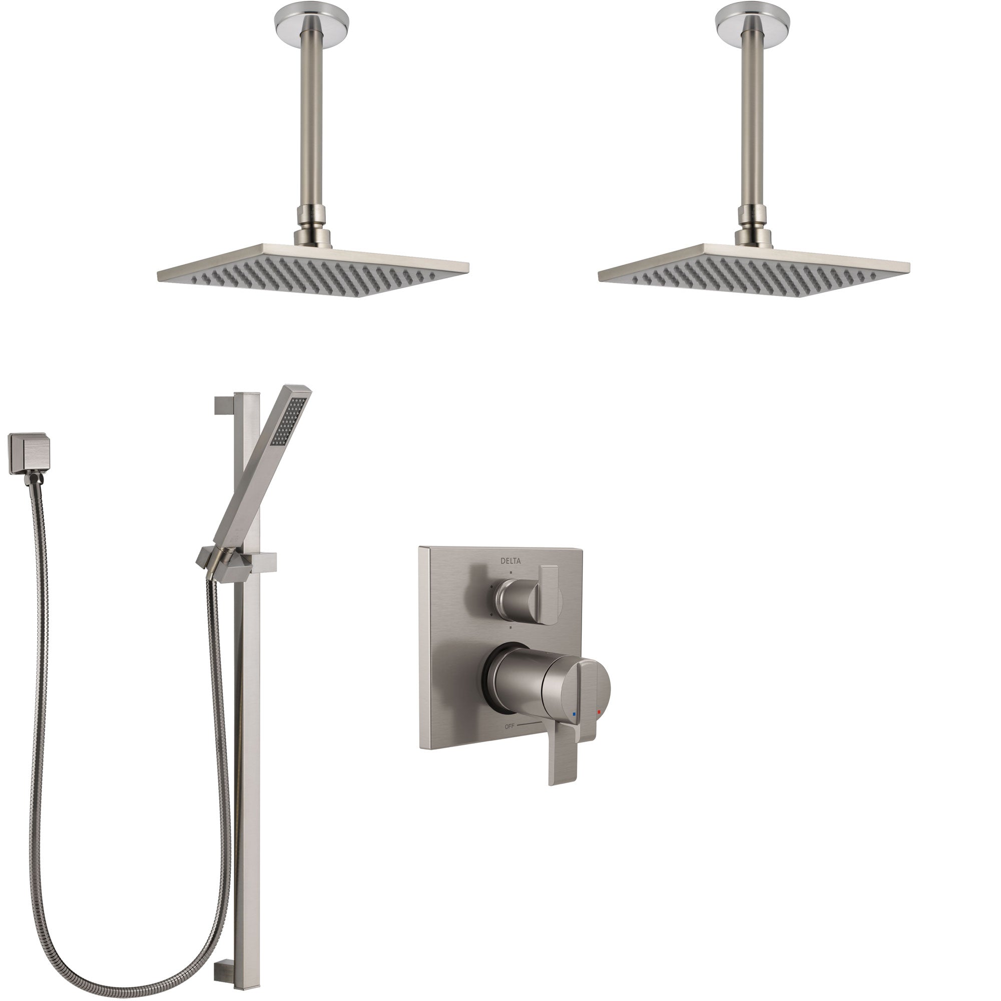 Delta Ara Dual Thermostatic Control Stainless Steel Finish Shower System, Integrated Diverter, 2 Ceiling Showerheads, and Hand Shower SS27T967SS2