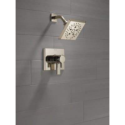 Delta Pivotal Modern Polished Nickel Finish H2Okinetic Shower only Faucet Includes 17 Series Cartridge, Handles, and Valve with Stops D3358V