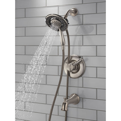 Delta Linden Collection Stainless Steel Finish Dual Control Tub and Shower Faucet with Hand Spray / Showerhead Combo Trim (Requires Valve) DT17493SSI