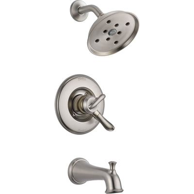 Delta Stainless Steel Finish Linden Widespread Faucet, Robe Hook, Paper Holder, Towel Ring, and Tub and Shower Faucet INCLUDES Valve Package D055CR