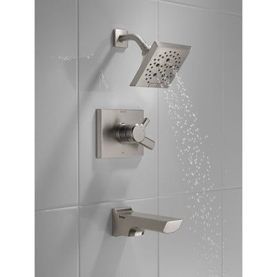 Delta Pivotal Stainless Steel Finish H2Okinetic Tub and Shower Combination Faucet Includes Cartridge, Handles, and Valve with Stops D3322V