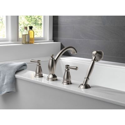 Delta Linden Collection Stainless Steel Finish Roman Tub Filler Faucet with Hand Shower Sprayer Includes Rough-in Valve D2063V