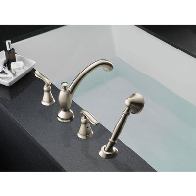 Delta Linden Stainless Steel Finish Roman Tub Faucet w/ Handspray & Valve D889V