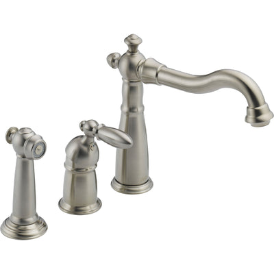 Delta Stainless Steel Victorian Collection Single Handle Kitchen Faucet with Sidespray and Deck Mount Soap Dispenser Package D003CR