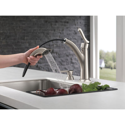 Delta Kine Spotshield Stainless Steel Finish Single Handle Pull-Out Kitchen Faucet with Soap Dispenser D16967SPSDDST
