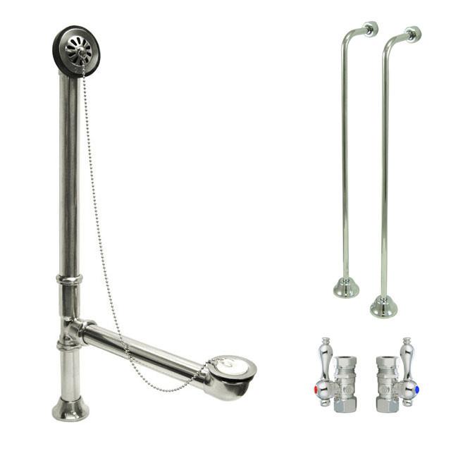 Chrome Clawfoot Tub Hardware Kit Drain, Single Offset Supply lines, Lever Stops