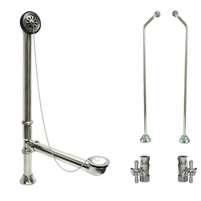 Chrome Clawfoot Tub Hardware Kit Drain, Double Offset Supply lines, Cross Stops