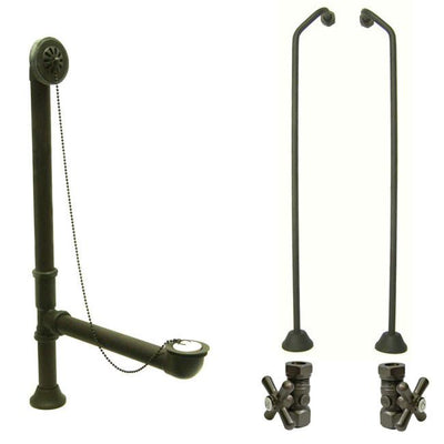 Bronze Clawfoot Tub Hardware Kit Drain, Double Offset Supply lines, Cross Stops