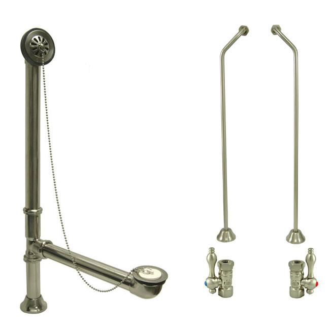 Nickel Clawfoot Tub Hardware Kit Drain, Double Offset Supply lines, Lever Stops