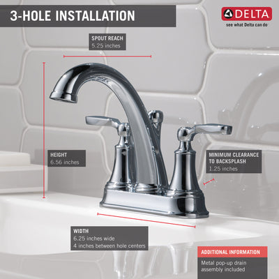 Delta Woodhurst Chrome Finish Lever Handle Centerset Bathroom Sink Faucet with Matching Drain D2532LFMPU