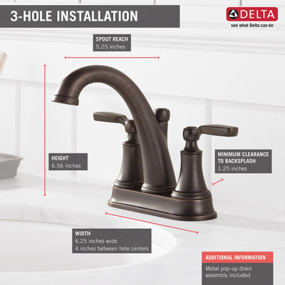 Delta Woodhurst Venetian Bronze Finish Lever Handle Centerset Bathroom Sink Faucet with Matching Drain D2532LFRBMPU