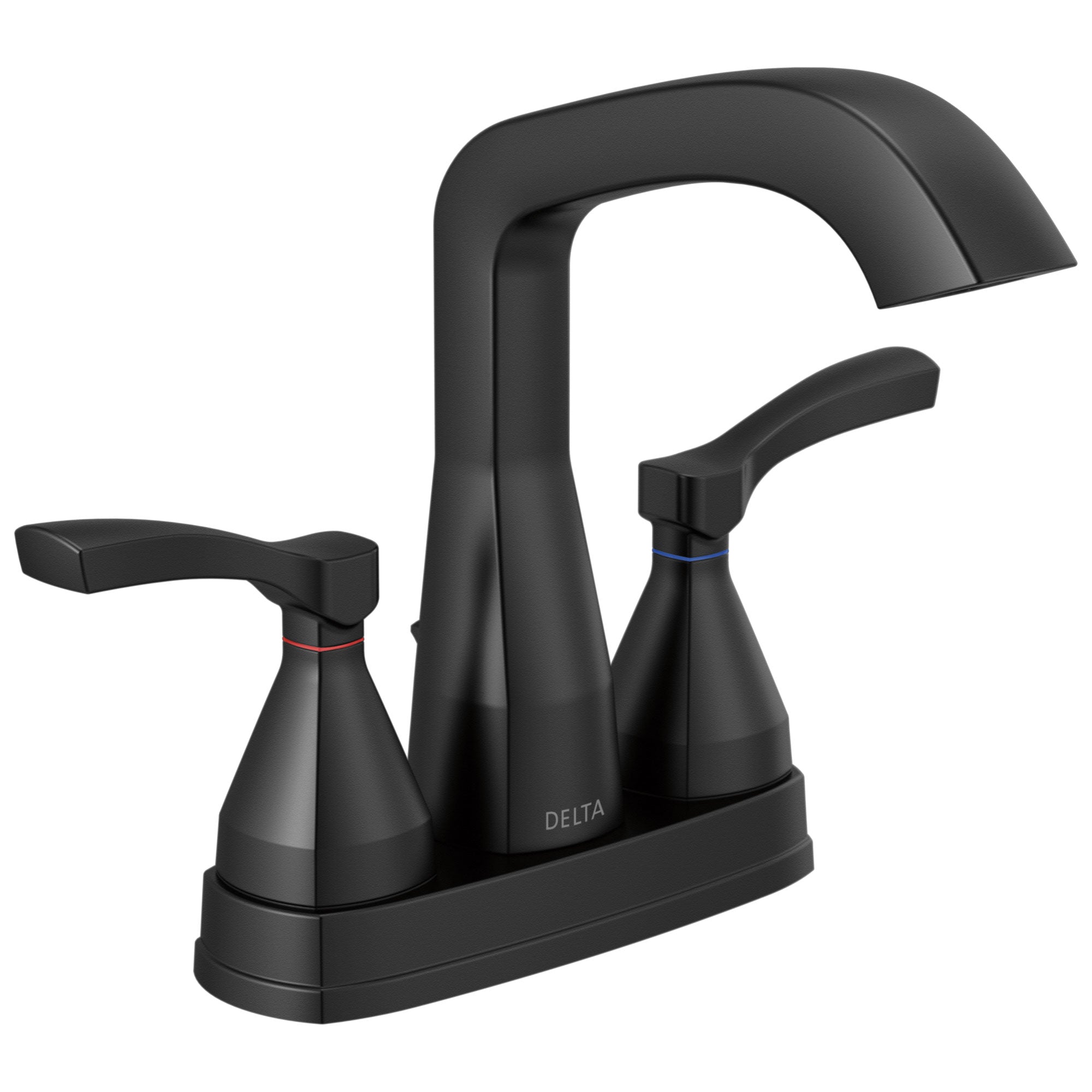 Delta Stryke Matte Black Finish Centerset Bathroom Sink Faucet with Matching Drain and Lever Handles D25776BLMPUDST